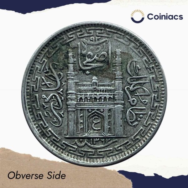 2 Annas Mir Usman Ali Khan RY 33 1362 AH (1943 CE) Silver Old Coin, Princely State of Hyderabad, Collectible. - Image 2