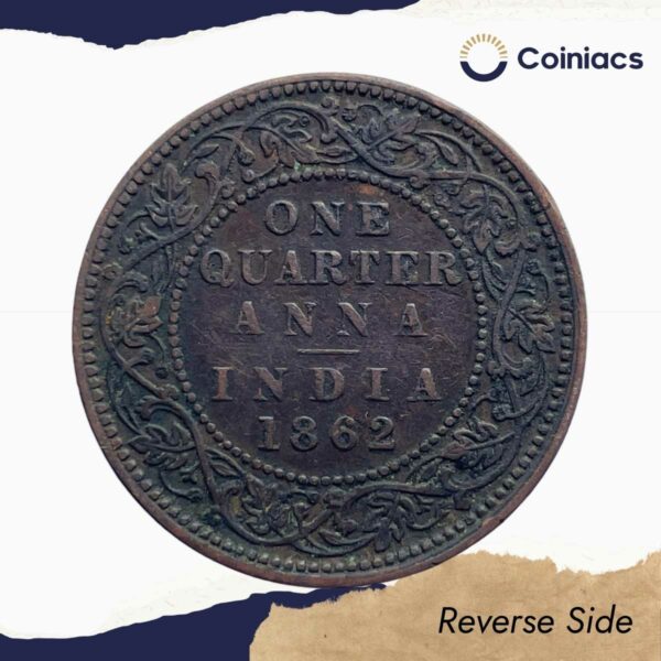Quarter Anna Victoria Queen 1862 Copper Coin, British India Uniform Coinage, Collectible. - Image 3