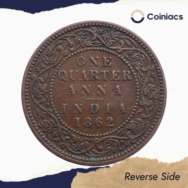 Quarter Anna Victoria Queen 1862 Copper Coin, British India Uniform Coinage, Collectible. - Image 3