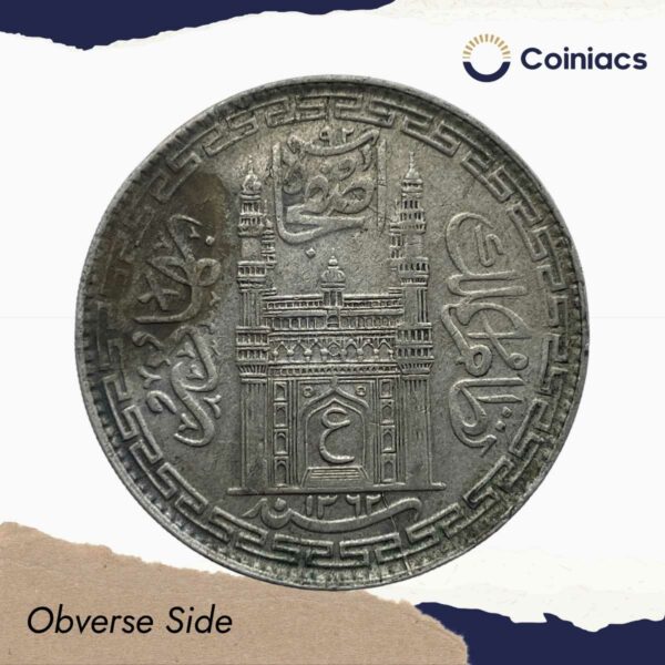 One Rupee Mir Usman Ali Khan RY-34 1362 AH (1941-1946 CE) Silver old coin (Usman Ali Type 3), Princely State of Hyderabad, Collectible. - Image 2