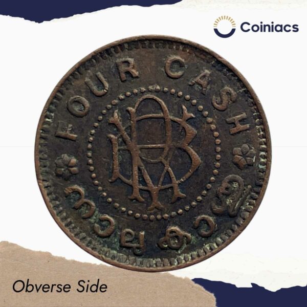 Four Cash Bala Rama Varma II (ND 1939-40 CE) Bronze Old Coin, Princely State of Travancore, Collectible. - Image 2
