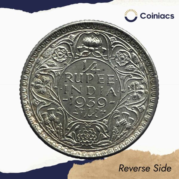 Scarce 1/4 Rupee George VI King Emperor 1939 Calcutta Mint Silver Coin, British India Uniform Coinage, UNC. - Image 3