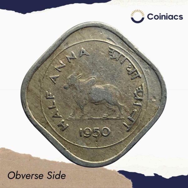 Scarce 1/2 Anna Bull 1950 Calcutta Mint Copper-Nickel Coin, Republic India Anna Series, Collectible. - Image 2
