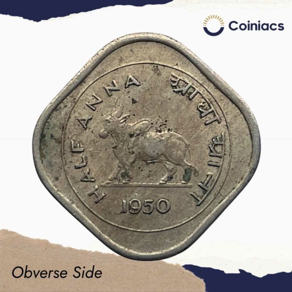 Scarce 1/2 Anna Bull 1950 Calcutta Mint Copper-Nickel Coin, Republic India Anna Series, Collectible. - Image 2