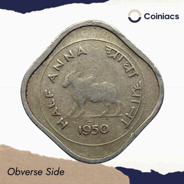 Scarce 1/2 Anna Bull 1950 Calcutta Mint Copper-Nickel Coin, Republic India Anna Series, Collectible. - Image 2
