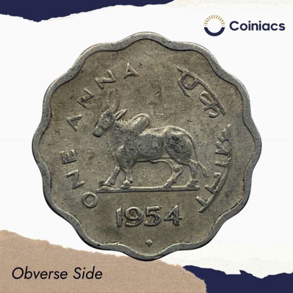 One Anna Bull 1954 Bombay Mint Copper-Nickel Coin, Republic India Anna Series, Collectible. - Image 2