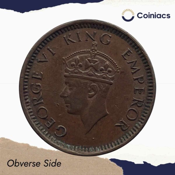 1/12 Anna George VI King & Emperor Scarce 1942 Bombay Mint Bronze Coin, British India Uniform Coinage, Collectible. - Image 2