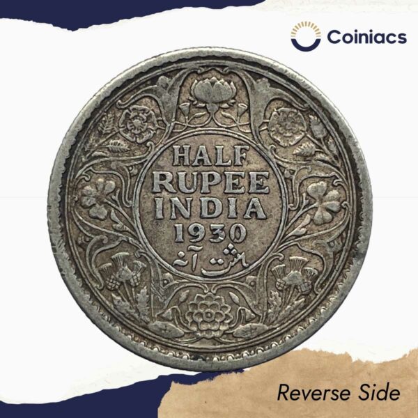 Scarce Half Rupee George V King Emperor 1930 (Key Date) Calcutta Mint Silver Coin, British India Uniform Coinage, Collectible. - Image 3