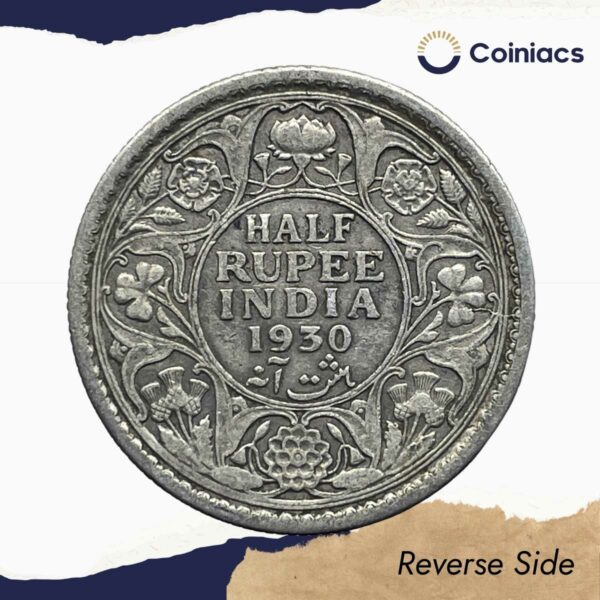Scarce Half Rupee George V King Emperor 1930 (Key Date) Calcutta Mint Silver Coin, British India Uniform Coinage, Collectible. - Image 3
