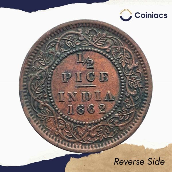 1/2 Pice Victoria Queen 1862 Copper Coin, British India Uniform Coinage, Collectible. - Image 3