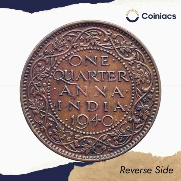 Scarce Quarter Anna George VI King Emperor 1940 Young Head (Head Type 1) Bombay Mint Bronze Coin, British India Uniform Coinage, Collectable. - Image 3