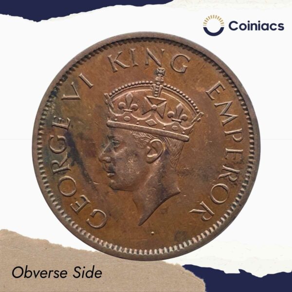 Scarce Quarter Anna George VI King Emperor 1939 Mature Head (Head Type 2) Calcutta Mint Bronze Coin, British India Uniform Coinage, Collectable. - Image 2