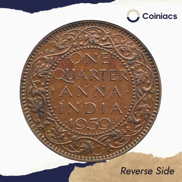 Scarce Quarter Anna George VI King Emperor 1939 Mature Head (Head Type 2) Calcutta Mint Bronze Coin, British India Uniform Coinage, Collectable. - Image 3