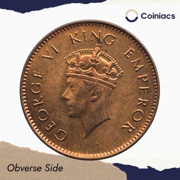 Quarter Anna George VI King Emperor 1938 Bombay Mint Bronze Coin, British India Uniform Coinage, UNC. - Image 2