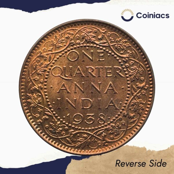 Quarter Anna George VI King Emperor 1938 Bombay Mint Bronze Coin, British India Uniform Coinage, UNC. - Image 3