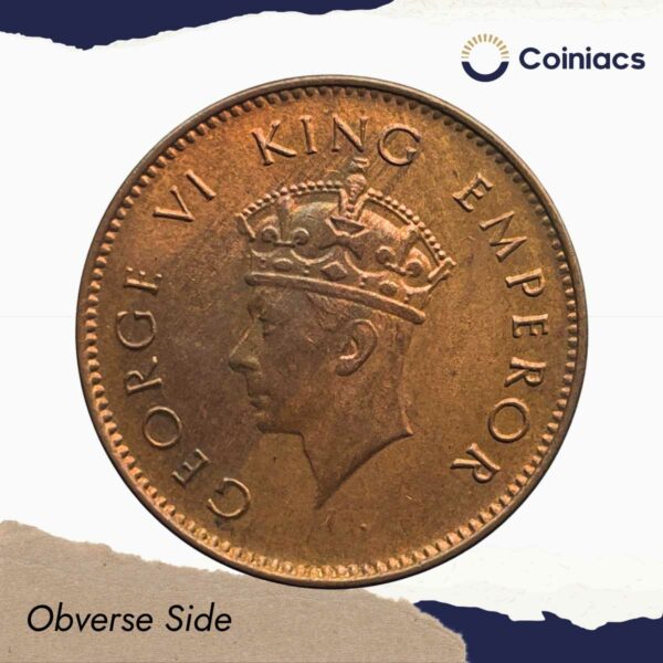 Quarter Anna George VI King Emperor 1938 Bombay Mint Bronze Coin, British India Uniform Coinage, UNC. - Image 2