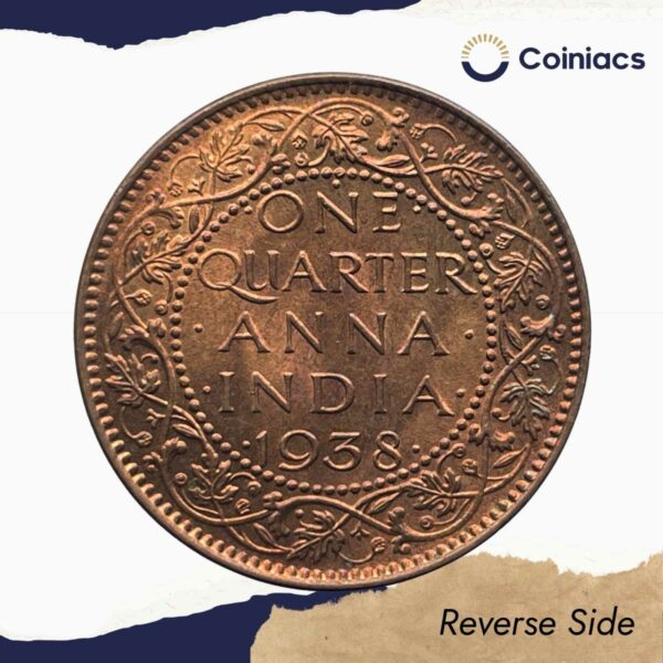 Quarter Anna George VI King Emperor 1938 Bombay Mint Bronze Coin, British India Uniform Coinage, UNC. - Image 3