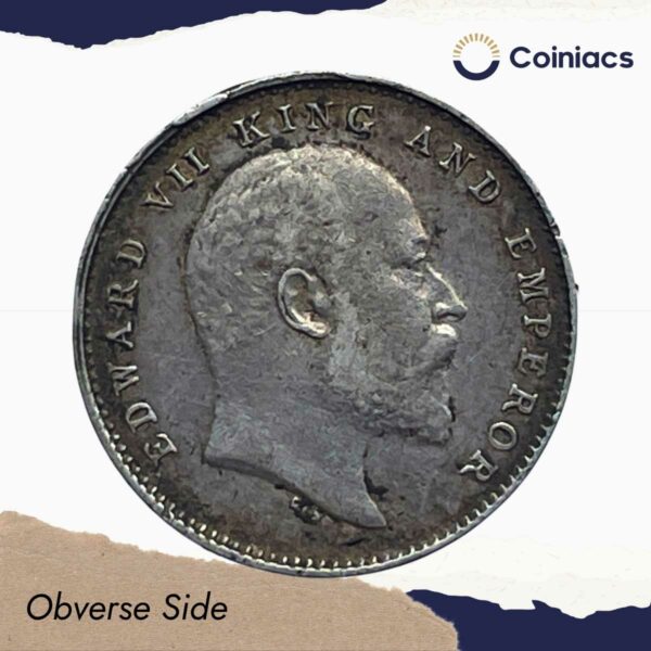 Two Annas Edward VII King And Emperor 1908 Bombay Mint Silver Coin, British India Uniform Coinage, Collectible. - Image 2