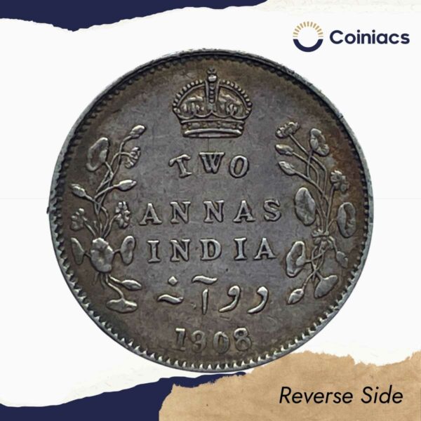 Two Annas Edward VII King And Emperor 1908 Bombay Mint Silver Coin, British India Uniform Coinage, Collectible. - Image 3