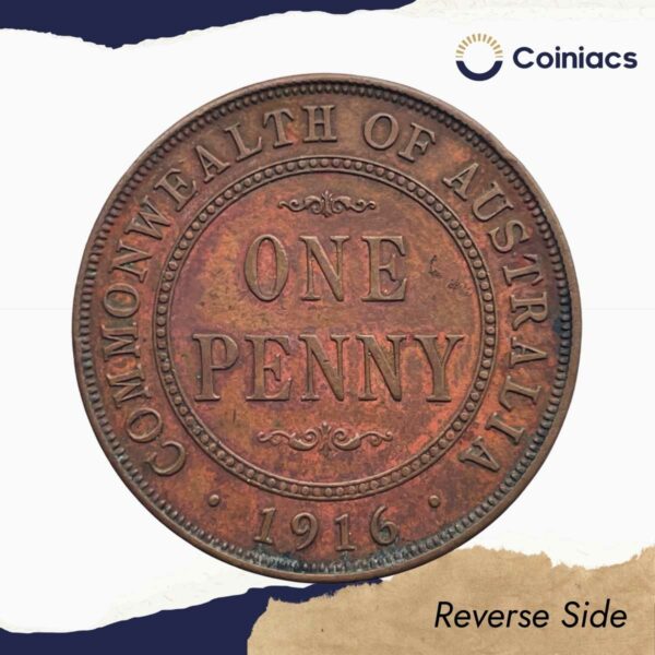 1 Penny George V 1916 Copper Coin, Commonwealth of Australia, Collectible. - Image 3