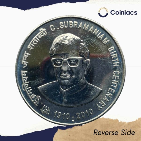 100 Rupees C. Subramaniam Birth Centenary 1910-2010 Mumbai Mint Silver Commemorative Coin, Republic India Decimal Series, UNC - Image 3