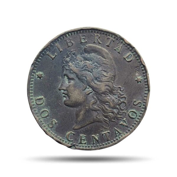 Dos Centavos (2 Centavos) 1890 Bronze Coin, Argentina, Fine.