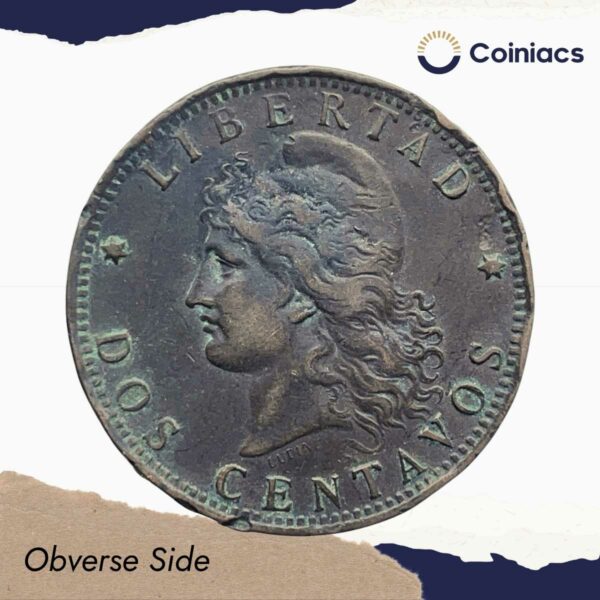 Dos Centavos (2 Centavos) 1890 Bronze Coin, Argentina, Fine. - Image 2