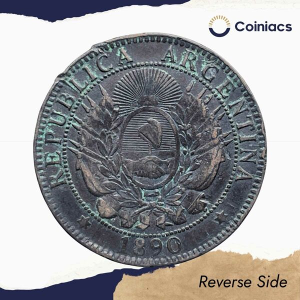 Dos Centavos (2 Centavos) 1890 Bronze Coin, Argentina, Fine. - Image 3