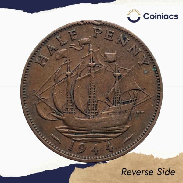 Half Penny George VI 1944 Bronze Coin, United Kingdom, Collectible. - Image 3
