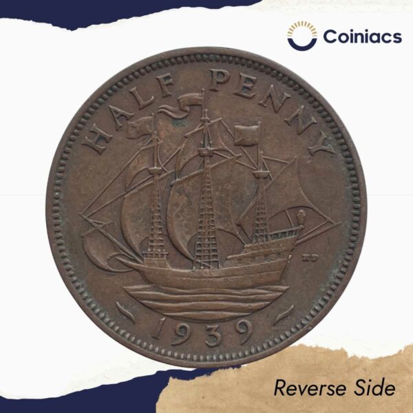Half Penny George VI 1939 Bronze Coin, United Kingdom, Collectible. - Image 3