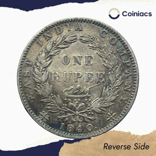 One Rupee Victoria Queen 1840 Continuous Legend Silver Coin, British India Uniform Coinage, Collectible. - Image 3