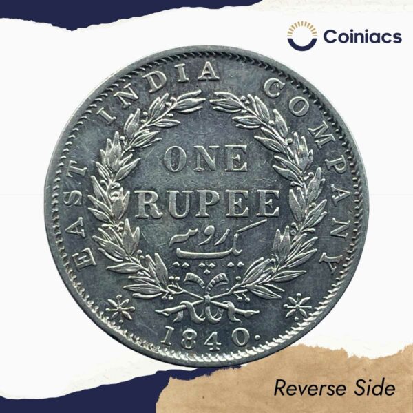 One Rupee Victoria Queen 1840 Continuous Legend Silver Coin, British India Uniform Coinage, Collectible. - Image 3