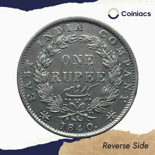 One Rupee Victoria Queen 1840 Continuous Legend Silver Coin, British India Uniform Coinage, Collectible. - Image 3