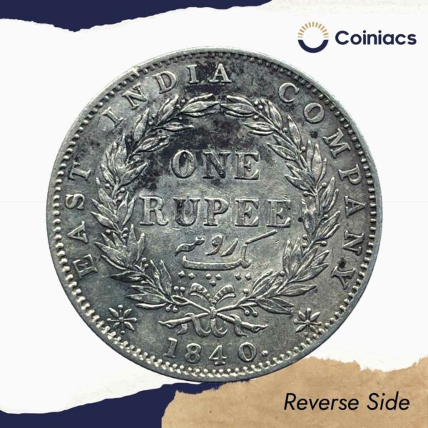 One Rupee Victoria Queen 1840 Continuous Legend Silver Coin, British India Uniform Coinage, Collectible. - Image 3