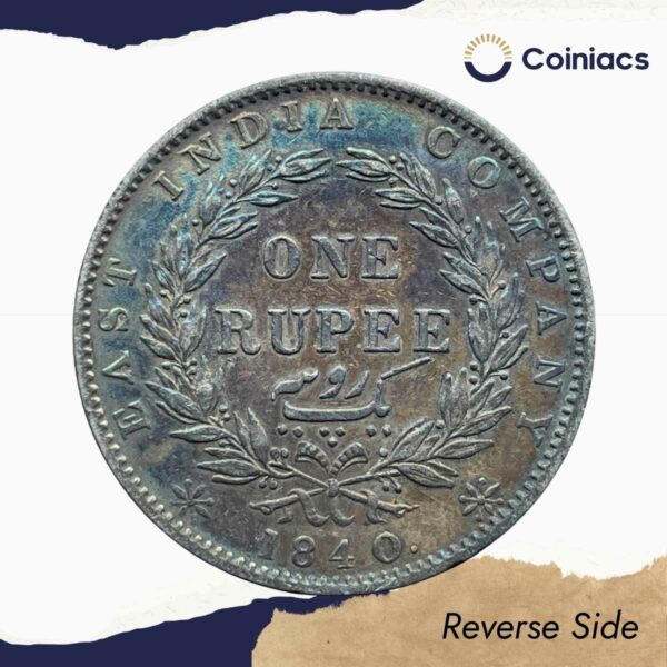 One Rupee Victoria Queen 1840 Continuous Legend Silver Coin, British India Uniform Coinage, Collectible. - Image 3