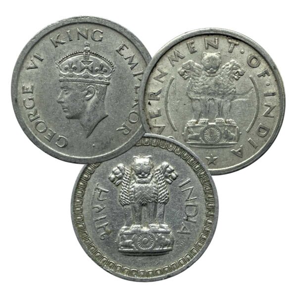 Scarce SET of 3 One Rupee Copper-Nickel Coins of Indian History (One Rupee 1947, 1950, 1962), British India & Republic India Coinage, Collectible.
