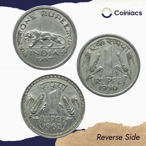 Scarce SET of 3 One Rupee Copper-Nickel Coins of Indian History (One Rupee 1947, 1950, 1962), British India & Republic India Coinage, Collectible. - Image 3