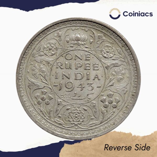 Scarce One Rupee George VI King Emperor 1943 Bombay Mint Silver Coin, British India Uniform Coinage, Collectible. - Image 3
