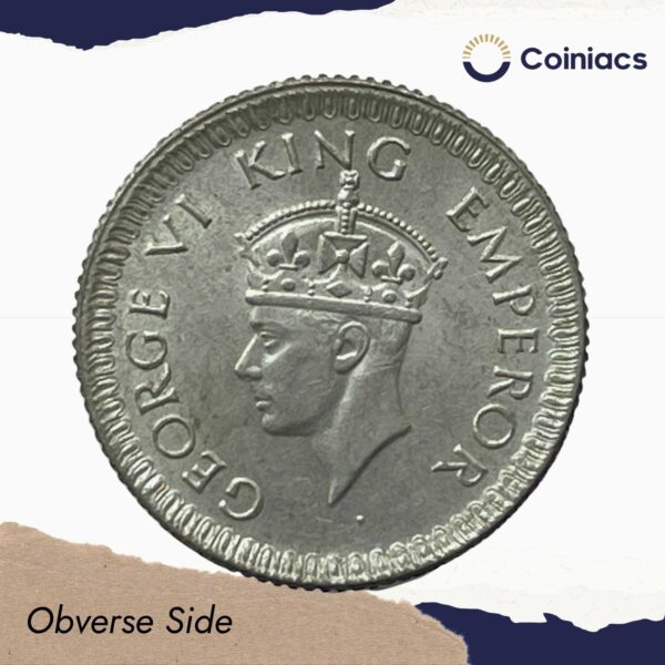 1/4 Rupee George VI King Emperor (1940-45) Silver Coin, British India Uniform Coinage, Collectible. - Image 2