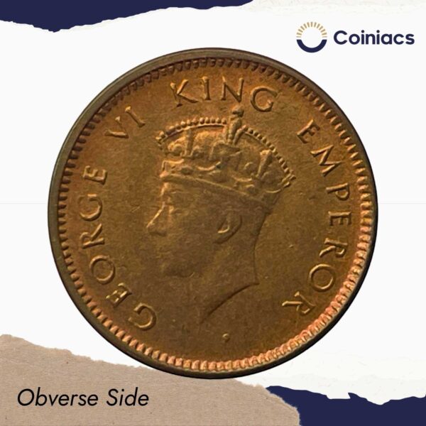UNC 1/12 Anna George VI King Emperor (1939-40) Bronze Coin, British India Uniform Coinage, UNC. - Image 2
