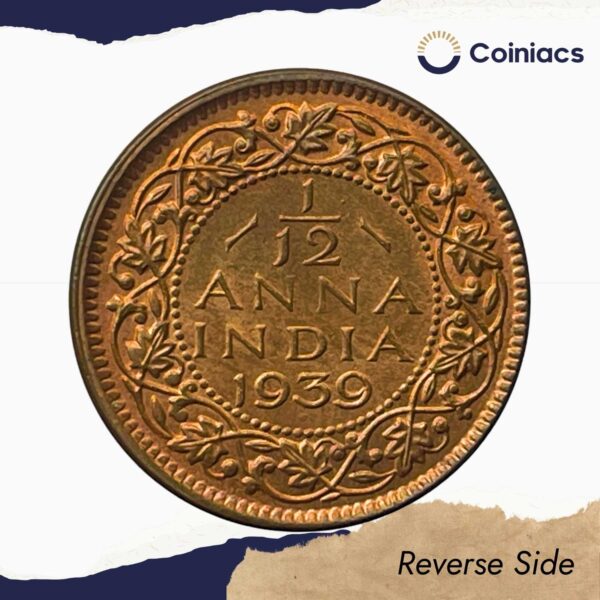 UNC 1/12 Anna George VI King Emperor (1939-40) Bronze Coin, British India Uniform Coinage, UNC. - Image 3