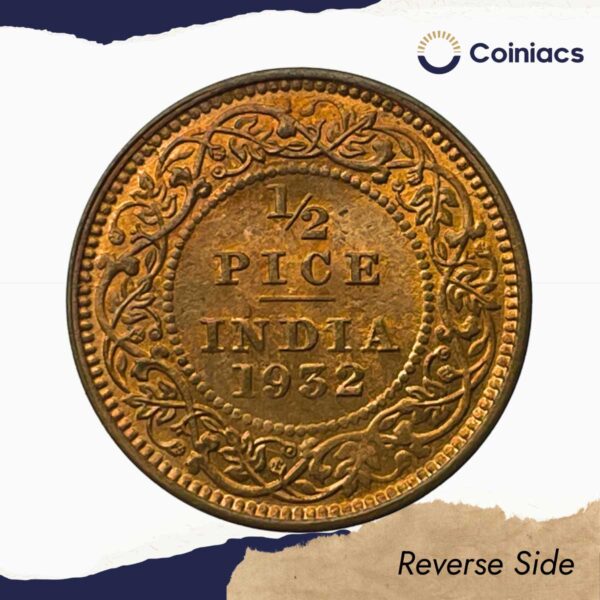 UNC 1/2 George V King Emperor (1912-36) Bronze Coin, British India Uniform Coinage, UNC. - Image 3