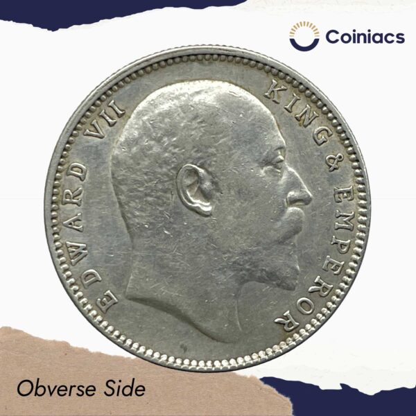 Scarce One Rupee Edward VII King Emperor (1903-1910) Silver Coin, British India Uniform Coinage, Collectible. - Image 2