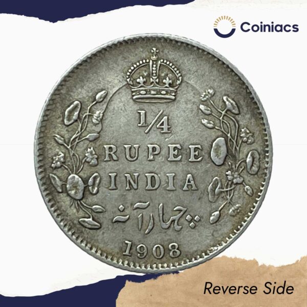 1/4 Rupee Edward VII King And Emperor (1903-1910) Silver Coin, British India Uniform Coinage, Collectible. - Image 3