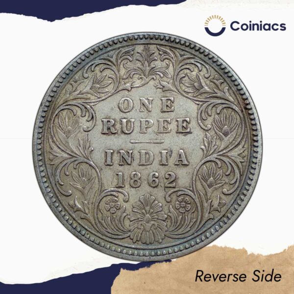 Rare One Rupee Victoria Queen (1862) Silver Coin, British India Uniform Coinage, Collectable. - Image 3