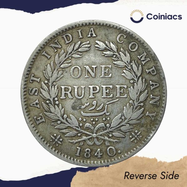 Rare One Rupee Victoria Queen Continuous Legend 1840 Silver Coin, British India Uniform Coinage, Collectible. - Image 3