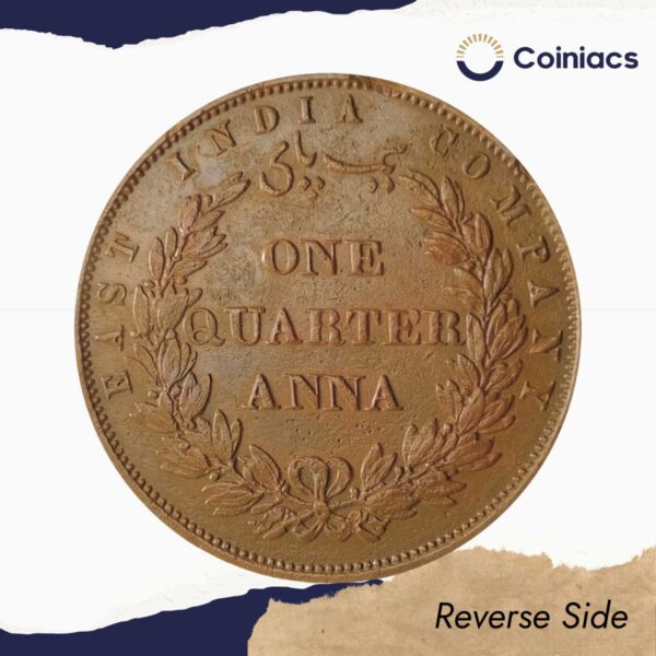 Quarter Anna East India Company 1858 Copper Coin, British India Uniform Coinage, Collectible. - Image 3