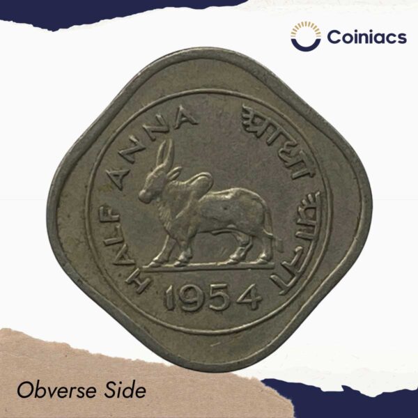 1/2 Anna Bull 1954 Calcutta Mint Copper-Nickel Coin, Republic India Anna Series, Collectible. - Image 2