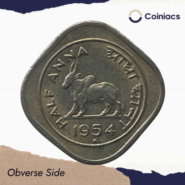 1/2 Anna Bull 1954 Bombay Mint Copper-Nickel Coin, Republic India Anna Series, Collectible. - Image 2