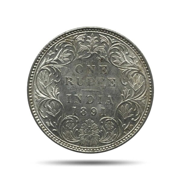One Rupee Victoria Empress 1891 'B' Incuse Bombay Mint Silver Coin, British India Uniform Coinage, UNC.